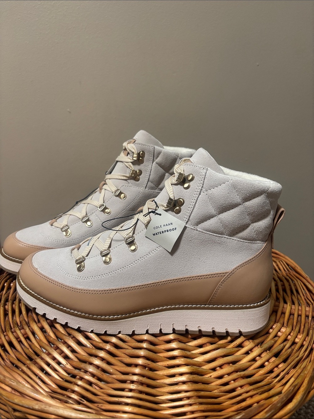 Cole Haan Quilted Waterproof Hiker Boot in Light Gray and Beige